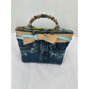 Bootie Bag Blue Jean Handbag Purse Beaded Handles Flip Flop Interior Pockets